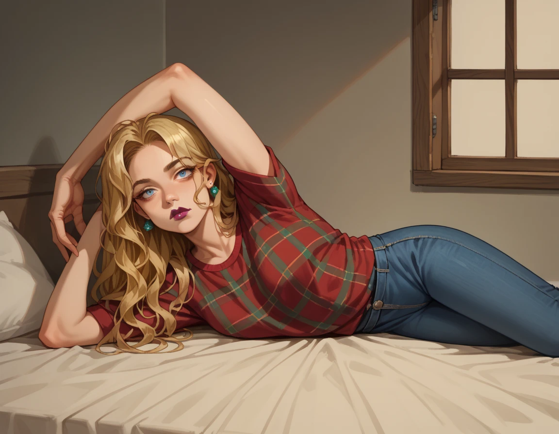 score_9, score_8_up, score_7_up, score_6_up, score_5_up, score_4_up,  1girl, solo,Warm flannel shirt, jeans, Gal, Tall, Slim, Triangular Face, Dark Skin, Blonde Hair, ice blue Eyes, Narrow Nose, Pouty Lips, Sharp Chin, Shoulder-Length Hair, Wavy Hair, Middle Part Bangs, augmented breasts, Stud earrings, magenta velvet lipstick, walk-in closet, window light, hud_pr0ppedup, arms up, full body, lying, on side, <lora:propped2-000008:0.7>,