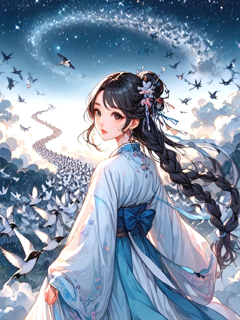 source_anime, magpie bridge, birds flock, tanabata, hanfu, weaver girl, walking, big tits, long hair, braids, hair flower, hair ornament, necklace, earrings, floating hair, fog, wind, cloud, high sky, starry sky, colorful sky, looking at viewer, <lora:girllikemagpiebridge_pony:1>