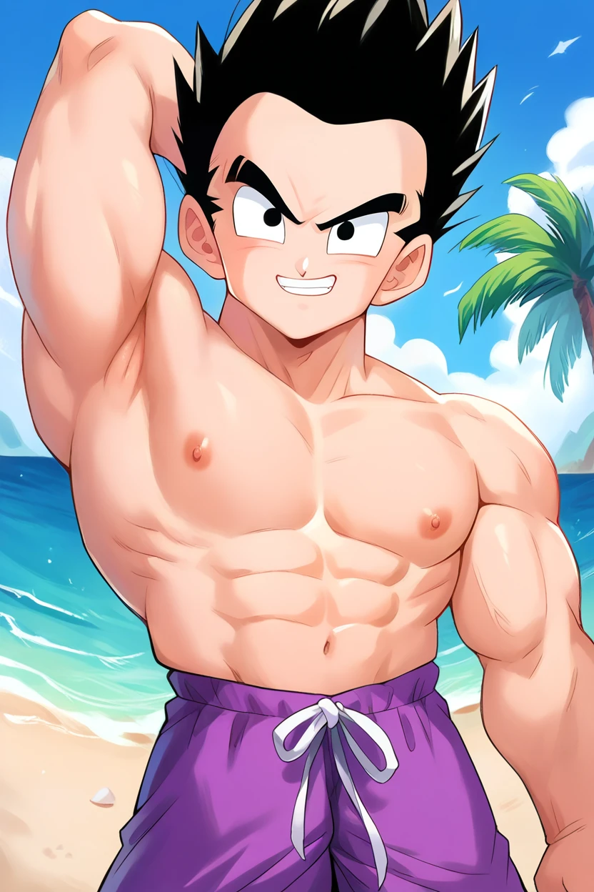 score_9, score_8_up, score_7_up,yamcha,1boy,solo, black hair, black eyes,short hair, hair slicked back, purple swim trunks,  beach, ocean, palm tree,flexing,arm up, (from above:0.8),looking at viewer,spiked hair,,smug,cowboy shot,topless,   <lora:YamchaPony:1>