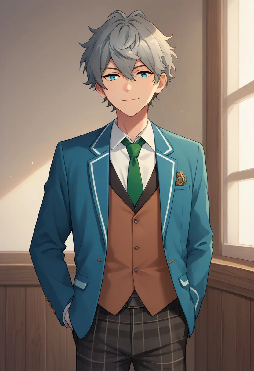 score_9, score_8_up, score_7_up, source_anime, highly detailed, 
izumisena, 1boy, plaid pants, male focus, solo, necktie, school uniform, jacket, blue jacket, upper body,
blazer, plaid, pants, green necktie, blue eyes, grey hair, standing, smile,
indoor,