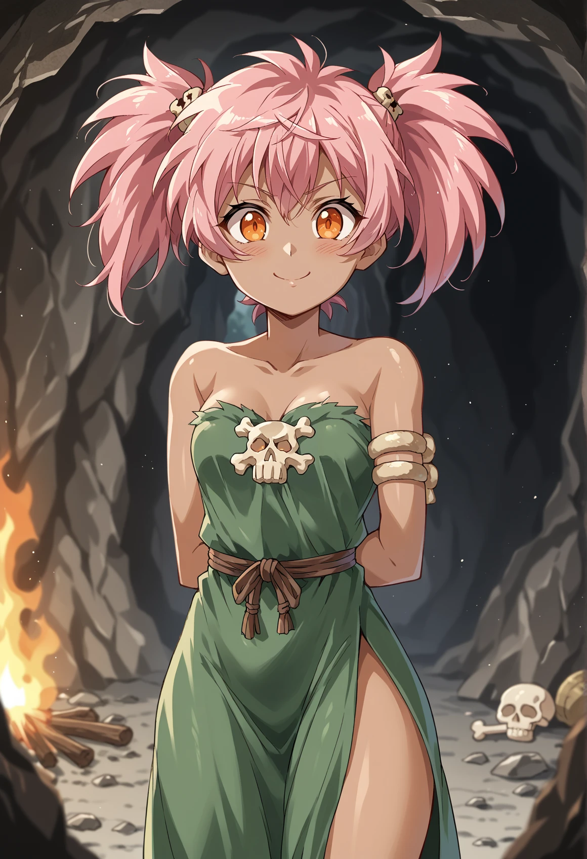 1girl, solo, dark skin, evil, evil smile, reaching viewer, orange eyes, pink hair, messy hair, twintails, hands behind back, closing to the viewer, cavewoman, fur, bone hair ornament, jewelry prehistoric, evil smile, closed mouth, blush, indoors, cave, bonfire, blurry   <lora:Tsunashima_Shirou_Jinki_Style:1>, score_9, score_8_up, score_7_up, score_6_up, score_5_up, score_4_up, BREAK source_anime, masterpiece