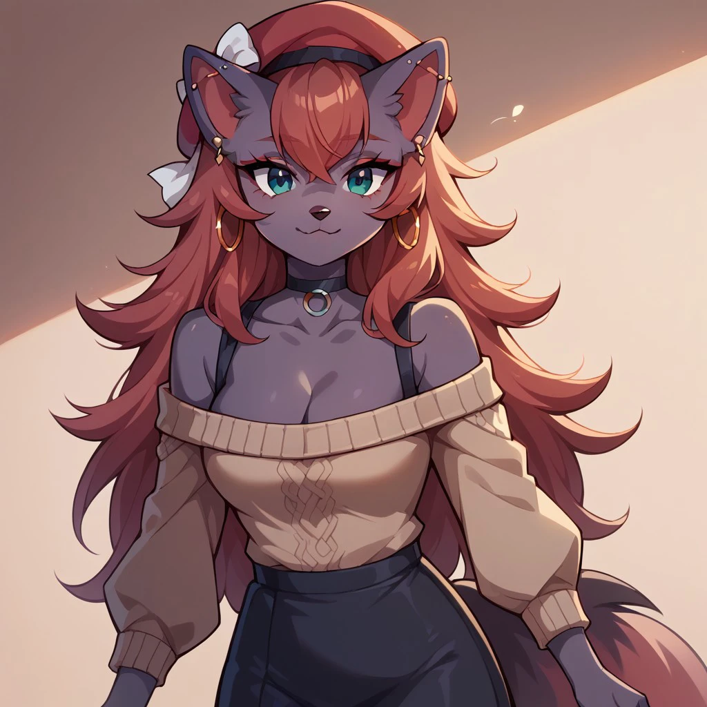 score_10, score_9_up, score_8_up, score_7_up, score_6_up, fox, fox face, anthro, 1girl, (masterpiece, best quality), beret, red headwear, hat bow, hoop earrings, choker, collarbone, cleavage, off-shoulder sweater, brown sweater, knit pattern, long sleeves, white ribbon, black skirt, black pantyhose,
