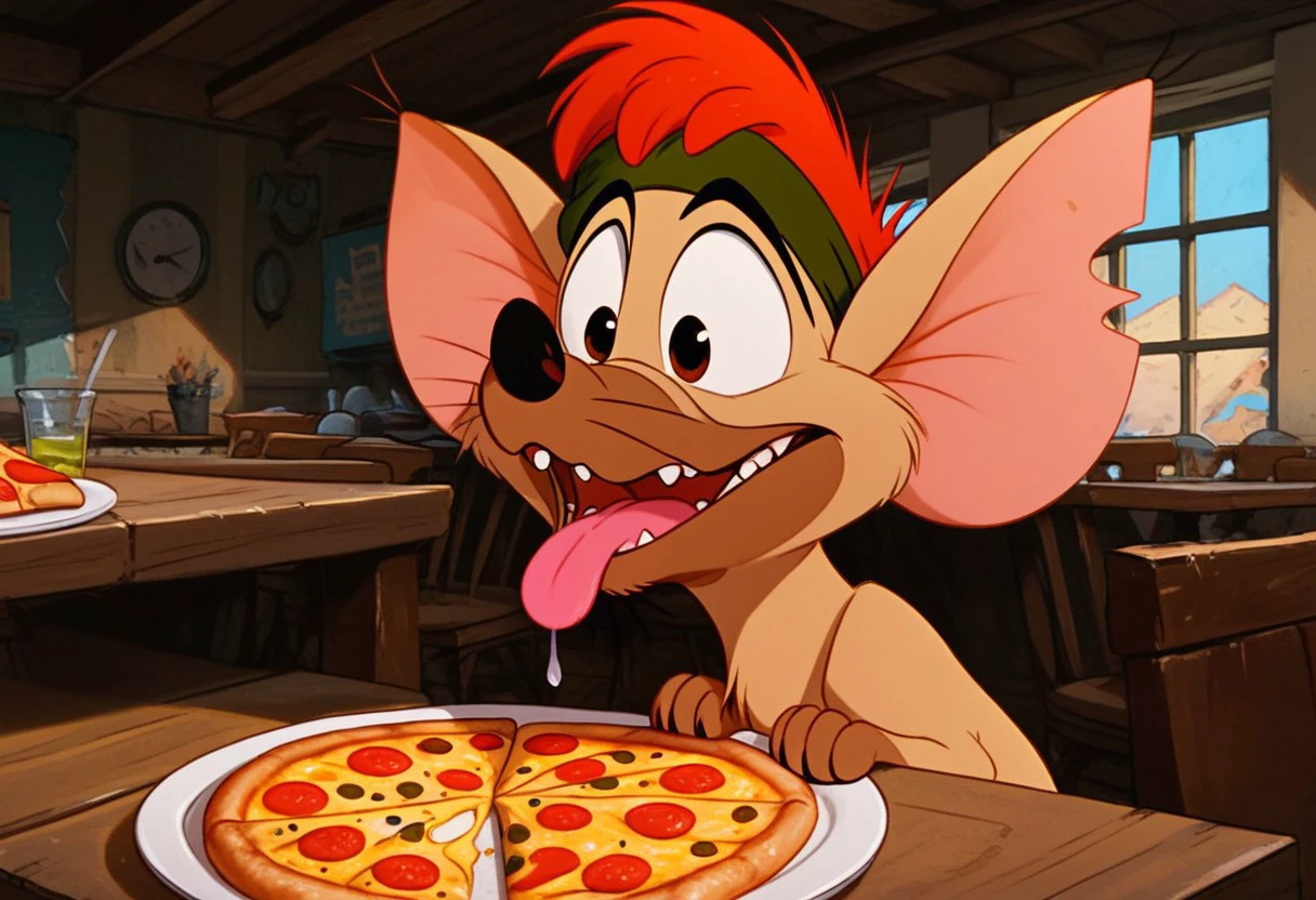 score_9, score_8_up, score_7_up, solo, 1boy, (Tito, Beige Body, Beige Fur, Whiskers, Feral, Chihuahua, Black Nose, Red Hair, Green Headband, male dog), teeth, smile, excited, wide eyes, sitting, pizza, restaurant, table,  looking down, looking at food, tongue out, drooling, detailed background, 4k, masterpiece, best quality, highly detailed, realistic