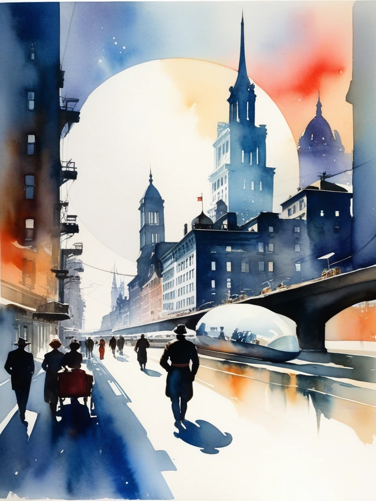 <lora:09WatercolorPainting_Hap_XL:1>,Winslow Homer style, watercolor painting, watercolor, Space, futurism, unusual cities