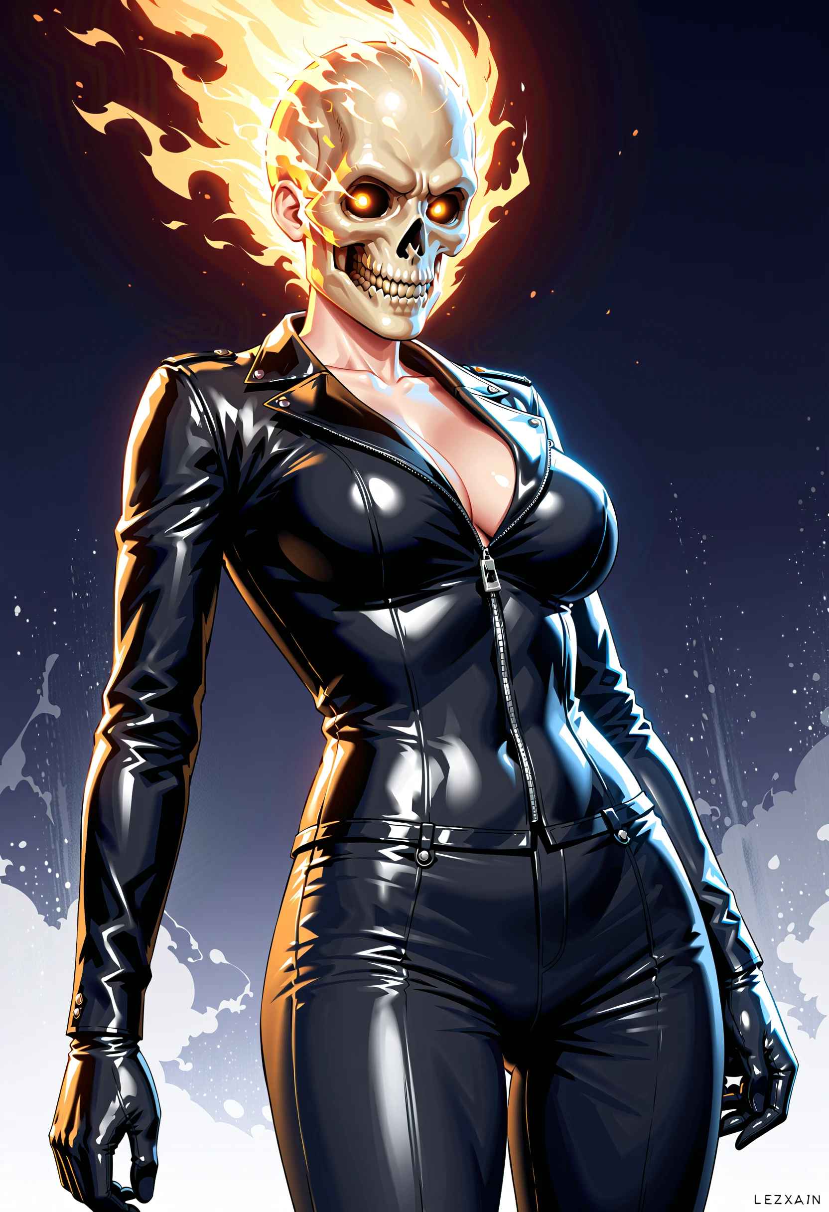 professional 3d model score_9, score_8_up, score_7_up, source_anime, BREAK, Ghost Rider, marvel, (skull:1.1), fire, (flaming skull:1.1), skull, leather jacket, humanoid, female, female focused, pants, leather, <lora:Ghost_Rider_Marvel:1>,  . octane render, highly detailed, volumetric, dramatic lighting