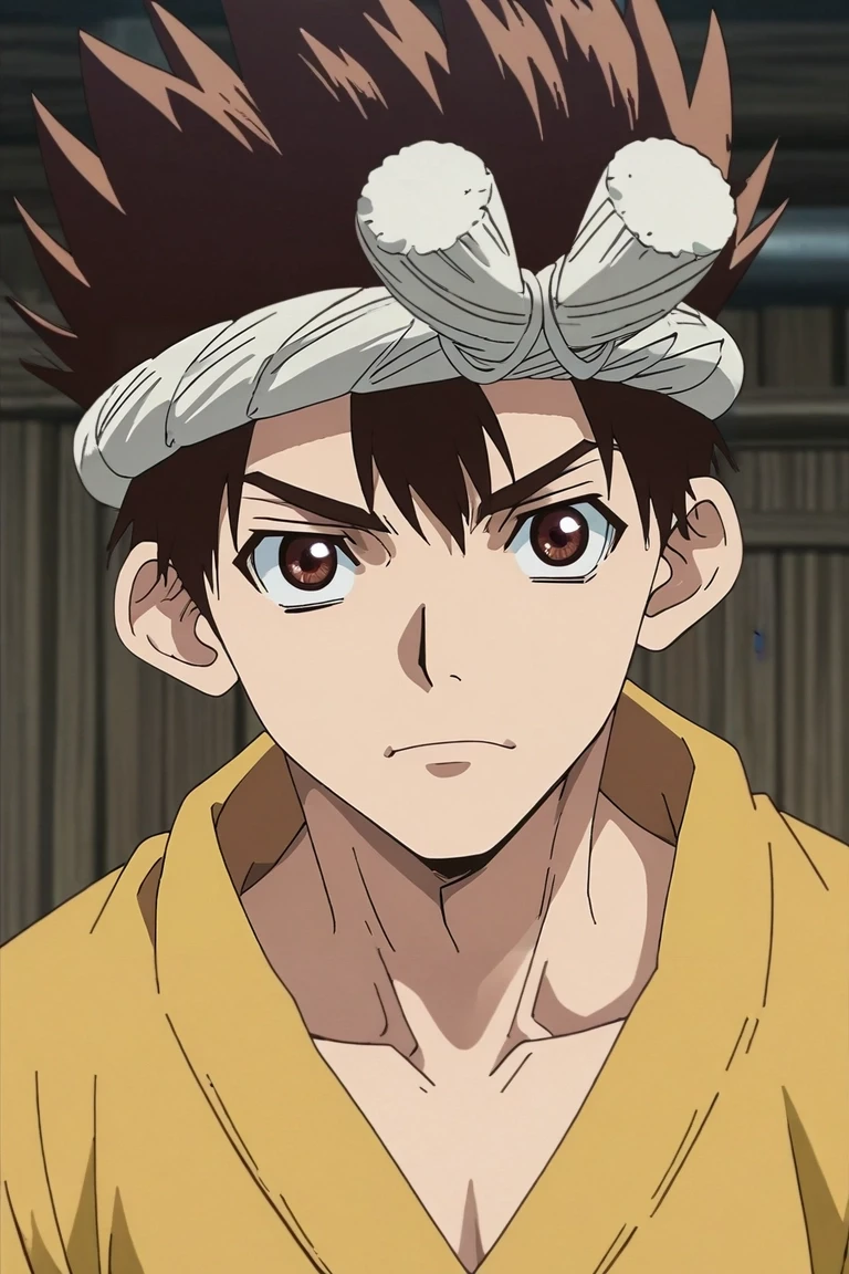 score_9, score_8_up, score_7_up, source_anime, rating_safe, , anime screencap, anime coloring, official style, , , 1boy, solo, male focus, <lora:chrome_dr_stone_pony:0.92>, chrome_dr_stone, brown hair, brown eyes, short hair, spiked hair, headband, , , cloche hat, <lora:sdxl_lightning_8step_lora:1>