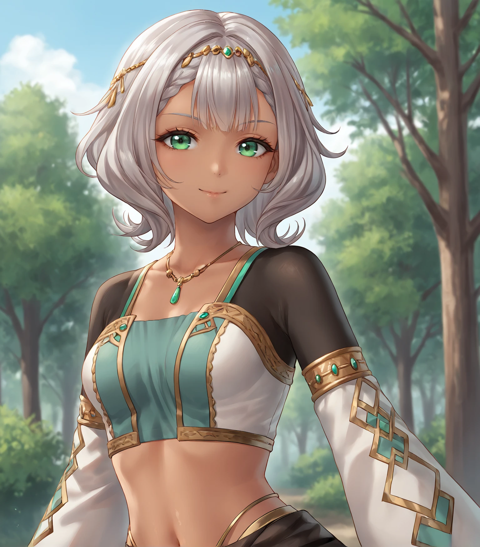 score_9, score_8_up, score_7_up, score_6_up, score_5_up, score_4_up, BREAK source_anime,
1girl, solo,  <lora:ZitaAsverl:0.9>, Zita Asverl, silver hair, green eyes, medium hair, bangs, small breasts, dark skin, dark-skinned female, jewelry, white top, midriff, black sleeves, long skirt, high heels,, 
upper body, portrait
looking at viewer, smile, outdoors, sky, trees,
<lora:Racoonkun_Artist_Style:0.6>, racoonsan,,