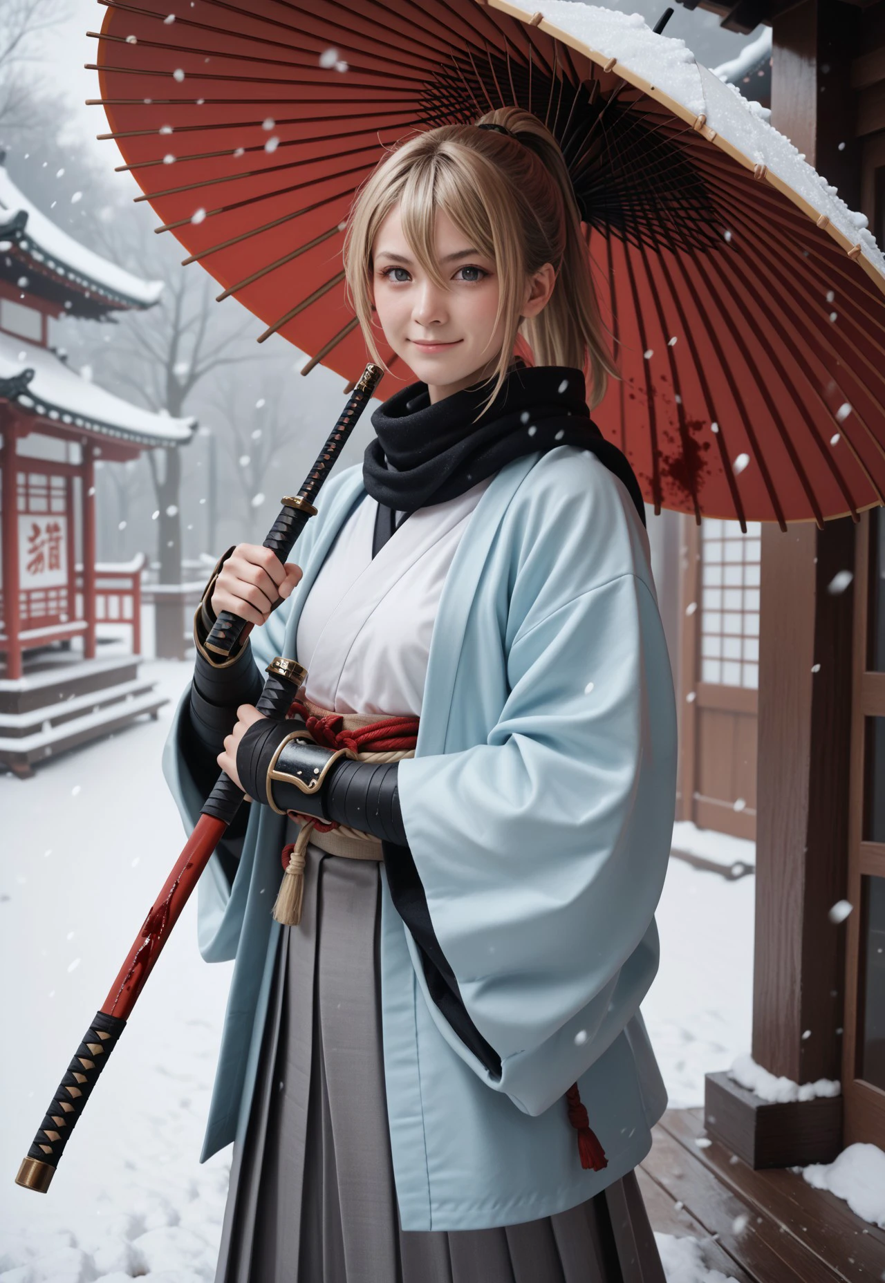 Shinsengumi Haori, 1girl, ahoge, arm guards, bangs, black hakama, black scarf, blonde hair, blood, closed mouth, grey eyes, hair between eyes, hakama skirt, holding, holding sword, holding umbrella, holding weapon, katana, kimono, long sleeves, looking at viewer, oil-paper umbrella, outdoors, ponytail, scarf, skirt, smile, snow, snowing, solo, solo focus, standing, sword, umbrella, weapon, white kimono Score_PnyReal