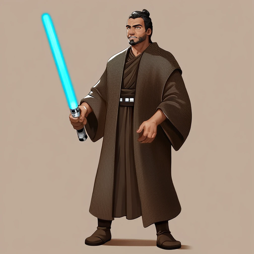 score_9, score_8_up, score_7_up, Syfo-Dias, Star Wars, Jedi,  solo, simple background, black hair, 1boy, holding, standing, full body, male focus, weapon, boots, sword, facial hair, beard, brown background, robe, animification, energy sword, lightsaber, general