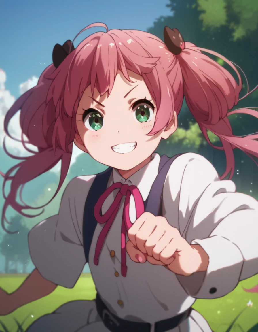 score_9, score_8_up, score_7_up, score_6_up, score_5_up, score_4_up, source_anime,  Satone, green eyes, pink hair, twintails, , soft smile, school uniform, action pose