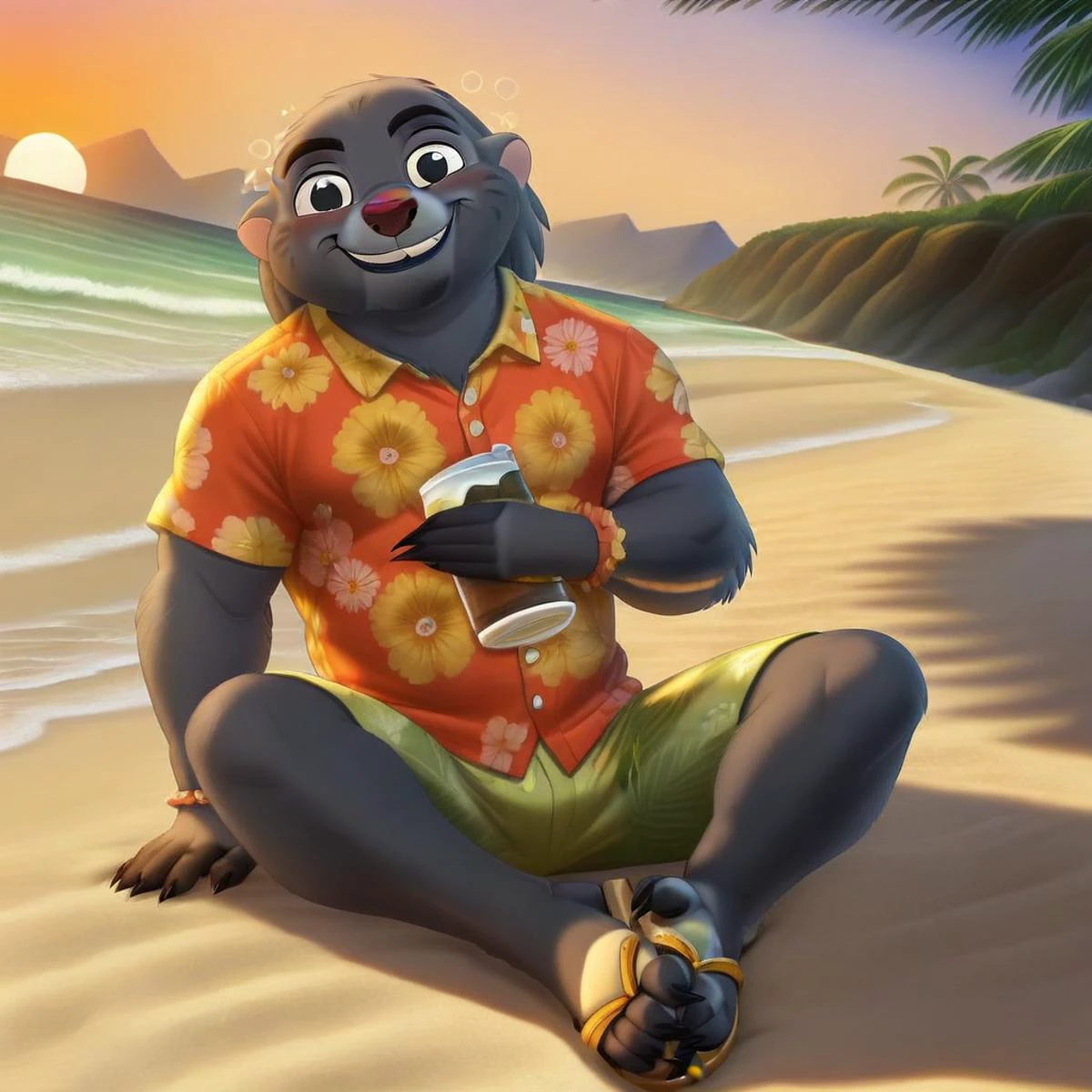 (((Barefoot furry character, full body, cinematic setting, furry male, anthro, plantigrade))), (((Bunga))), lion guard, bara, solo, in a (((yellow Hawaiian shirt))) with green or purple pattern, wearing white pants, leather bracelets, nice feet paws with long claws, feet towards the viewer, feet POV, (((wearing sandals))), (((shoeplay))), (((his feet playing with sandals))), dynamic pose, smile, drinks whiskey, (((drunk))), sleepy, sitting on beach, near beach bar, (((sunset))), (((outdoors))), focus on feet paws, (((dutch angle))), BREAK, intricate details, highly detailed, extreme detail, octane render, fine art, best quality, highres, (detailed face:1.5), ((full_body)), UHD, (((perfect hands))), low light, anime