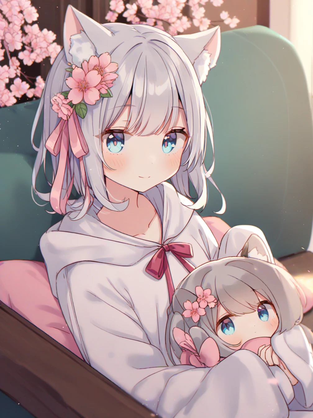 Painting Style - Manga) (Bed at home) (Character - Cat-eared girl) (Hairstyle - long hair + White hair color+Cat's ears) (Costume - pajamas with floral prints + Quilt)(catss、catss、catss)