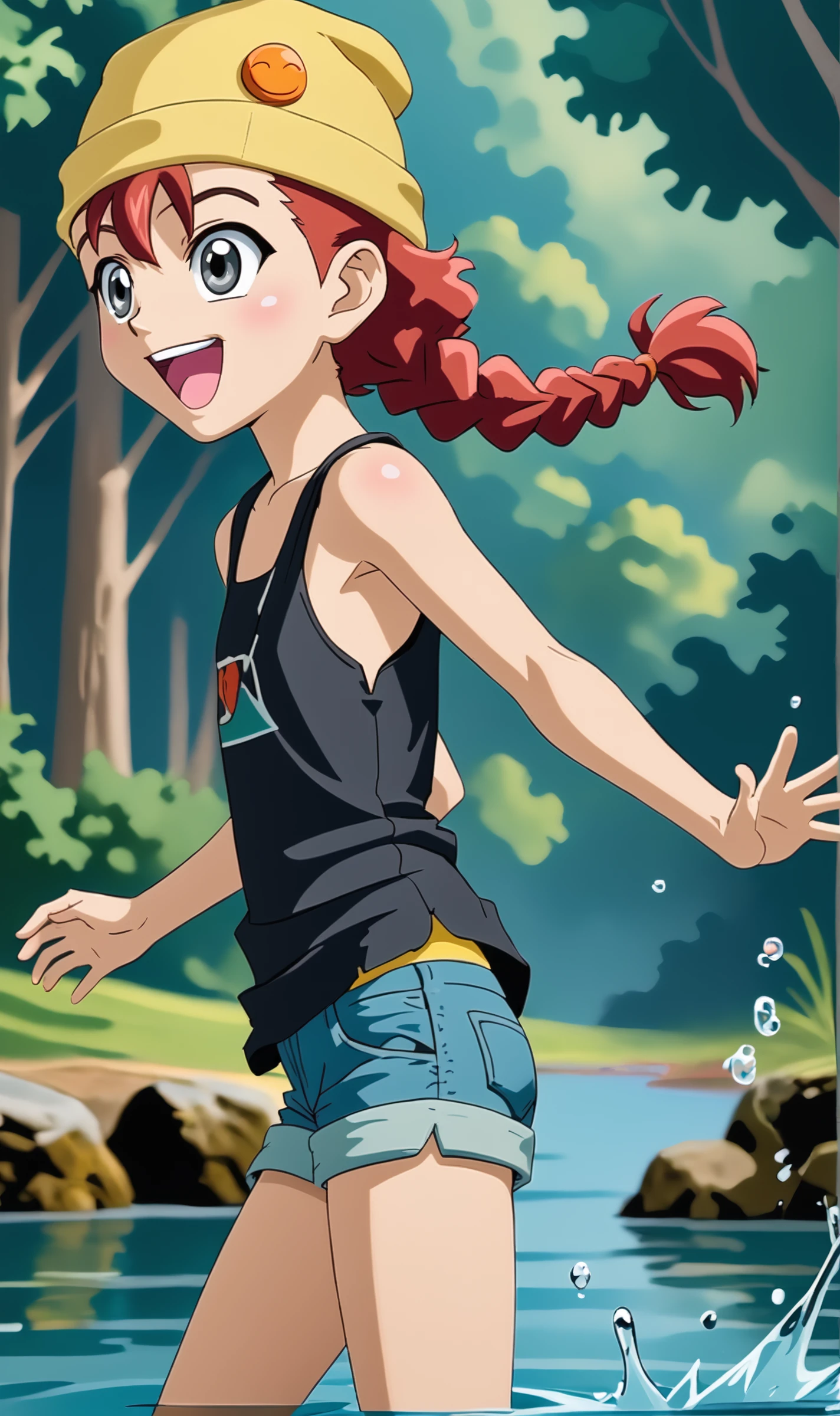 RD, 1girl, solo, red hair, single braid, grey eyes, yellow beanie, west, flat chest, denim shorts, bare feet, playing, happy, black tank top, from side, water splash, standing in water, river, river water, forest, <lora:Rally Dawson Pony XL:0.7>