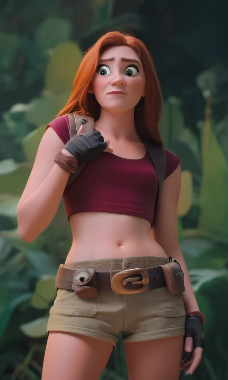 score_9, score_8_up, score_7_up, score_6_up, BREAK,   <lora:RubyRoundhousePONY:0.65> fullbody portrait of rubyrnd , cute redhead girl, maroon crop top,  redhead , shorts, belt, fingerless gloves,  <lora:DisneyStudios_style:0.85> disneystylexlp