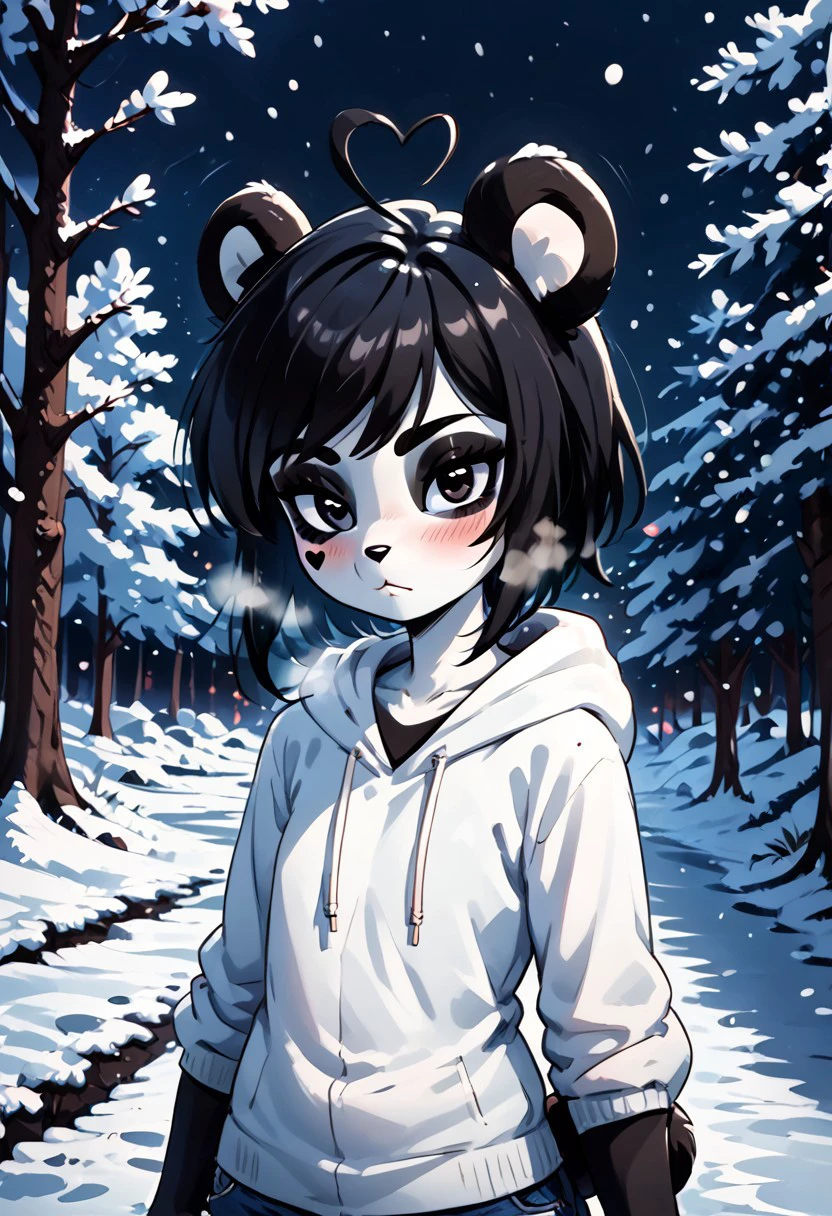 (score_9, score_8_up), score_7_up, score_6_up, score_5_up, score_4_up, anthro, 1girl, masterpiece, best quality, (panda, panda girl), furry, panda ears, animal nose, black fur, white fur, eyes makeup, black eyes, panda tail, heart ahoge, cheek heart, black arms, black legs, black hair, medium hair, white hoodie, denim shorts, outdoors, snowing, snow, windy, wind, blushing, forest, trees, fir tree, steamy breath, breath, upper body, shaking, motions lines, night,