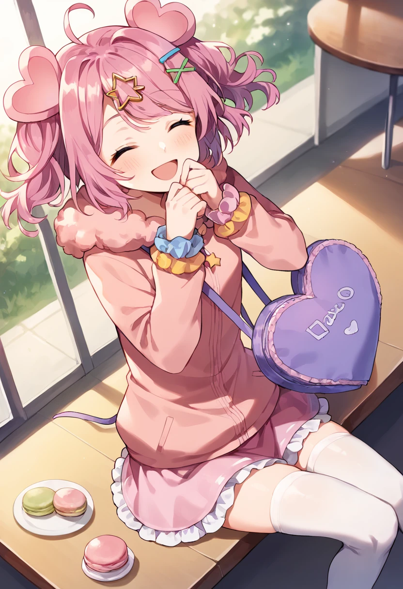 score_9,score_8_up,score_7_up,source_anime,masterpiece,best quality,game cg,1girl,solo,little_girl,pigmacaron_(show_by_rock!!),pink hair,ahoge,hairclip,hair ornament,star hair ornament,x hair ornament,short hair,animal ears,twintails,long sleeves,purple bag,heart bag,pink skirt,pink jacket,white thighhighs,wrist scrunchie,frilled skirt,fur trim,<lora:pigmacaronSB69:1>,dynamic_angle,open mouth,closed eyes,smile,restaurant,food,sitting,