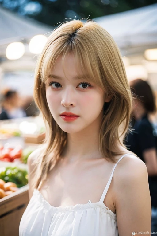 masterpiece, best quality, ultra-detailed, ultra high res, (photorealistic:1.4), raw photo, (realistic:0.2), 8k HDR, realistic lighting, looking at viewer, 1girl, solo, asymmetrical blonde hair, outdoor, sky, (traditional market:1.2), bokeh, (detailed lips), (detailed pores), (detailed skin textures), (detailed face:1.2), (body:1.2), a woman in a sundress, cowboy shot,