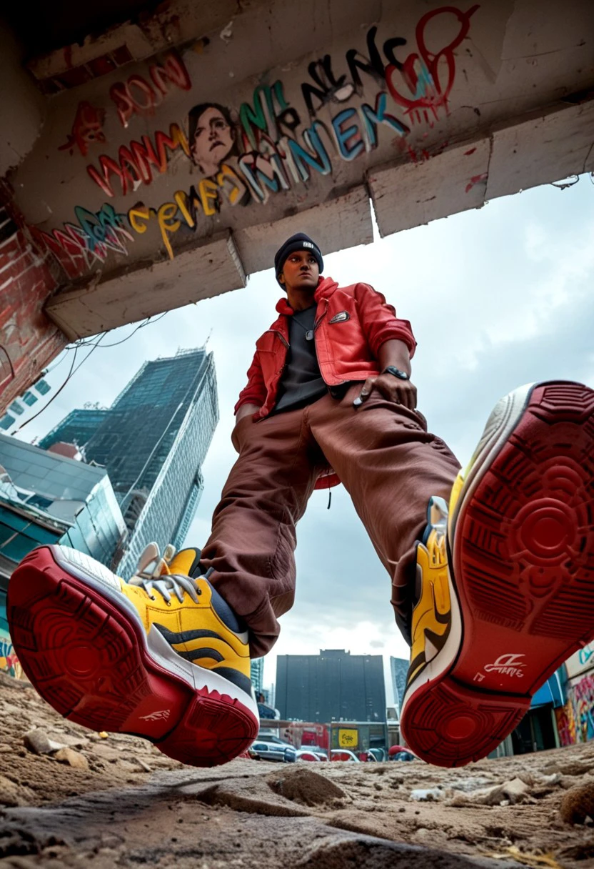 Score_7_up, score_8_up, male focus, closeup, perspective shot, low angle, Worm's eye view, fisheye, 
BREAK,
 clos_pers, 1boy, feet focus, beanie, tan skin, grey eyes, expressionless, trendy clothing, shoe closeup, red and yellow sneakers, outdoors, graffiti,