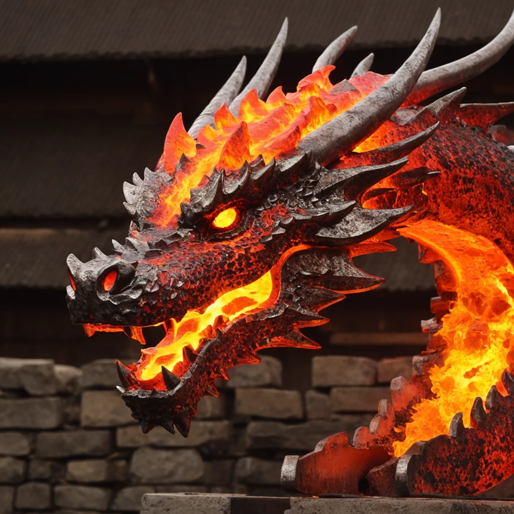 a dragon head made of hot metal, meting metal, red hot metal,hot iron, melting iron