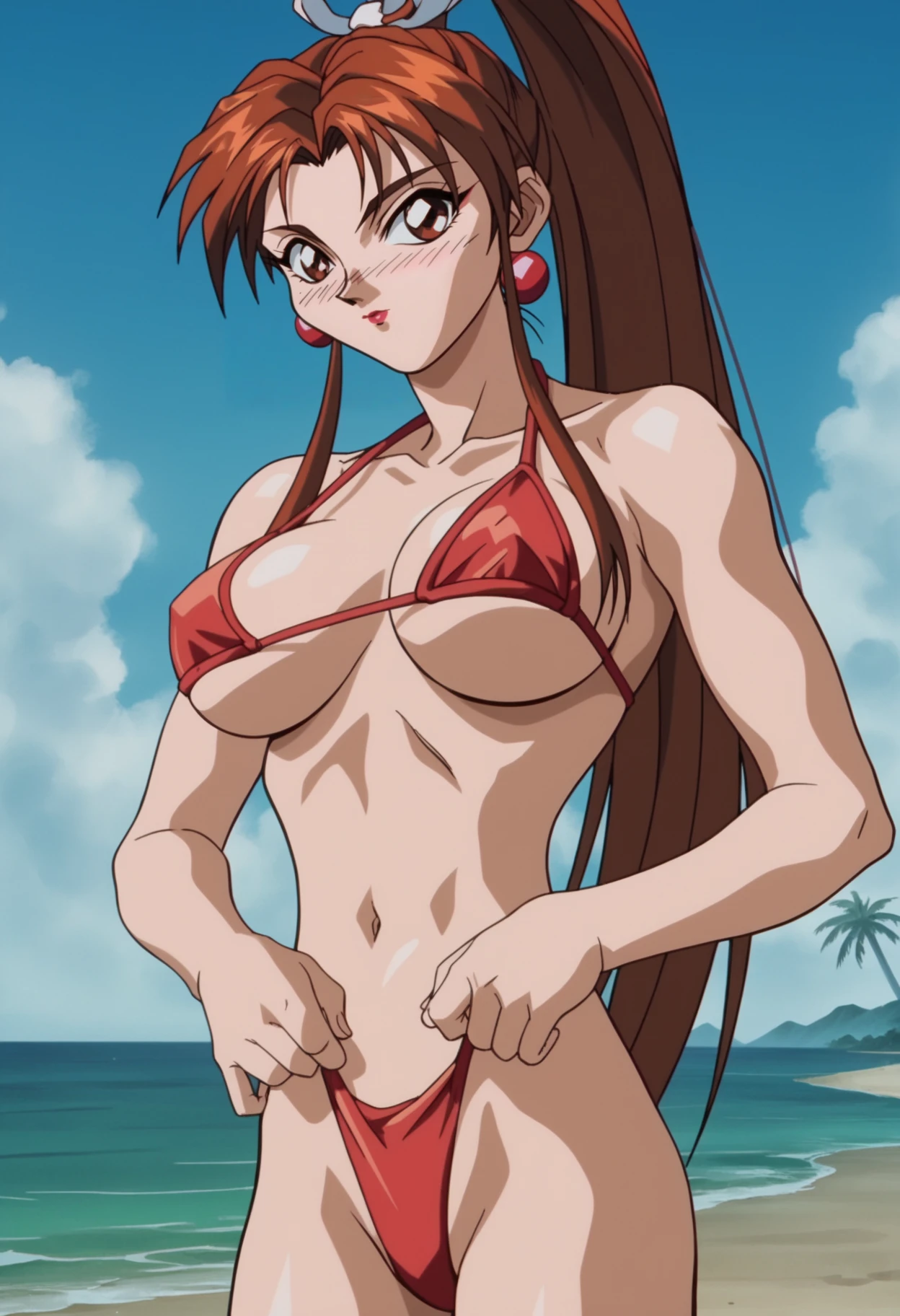 score_9, score_8_up, score_7_up, score_6_up, score_5_up, score_4_up, BREAK,
1990s \(style\), anime screencap, retro artstyle,
maishiranui, 1girl, brown hair, long hair, ponytail, lipstick, makeup, earrings,
bikini, large breasts, underboob,
standing, solo, looking at viewer, blush, sea, sand, blue sky, tropical island background <lora:MaiShrianuiXL:1>