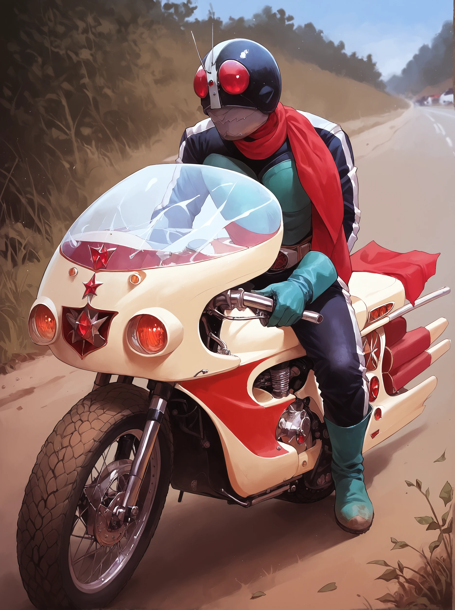 score_9, score_8_up, score_7_up, masterpiece, source_realistic,kamen rider, ground vehicle, motorcycle, 1boy, motor vehicle, male focus, solo, helmet, scarf, gloves, red eyes,  outdoor, <lora:sn0wStyle:1> <lora:HKHorrorXL:1>,  <lora:Kamen_Rider_Nigo_1971:1>