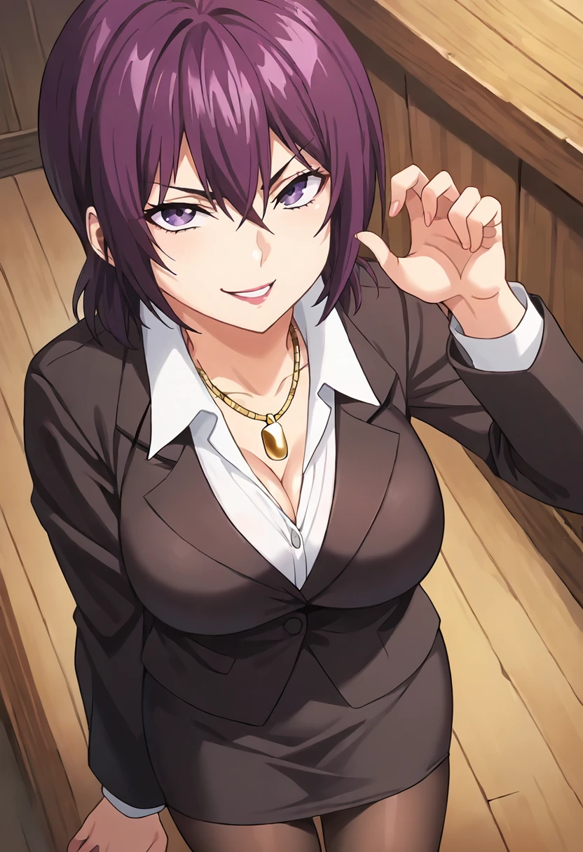 score_9, score_8_up, score_7_up, masterpiece, source_anime, 1girl, ct_yaeko, medium hair, purple hair, large breasts, light purple eyes, gold necklace, black suit, long sleeves, black pencil skirt, pantyhose, looking at viewer, indoors, wooden wall, cowboy shot, facing viewer, smug, v-shaped eyebrows, smile, foreshortening, hand on chin, from above, looking up, <lora:YaekoMinegasaki_Pony_ct_ver3:1>