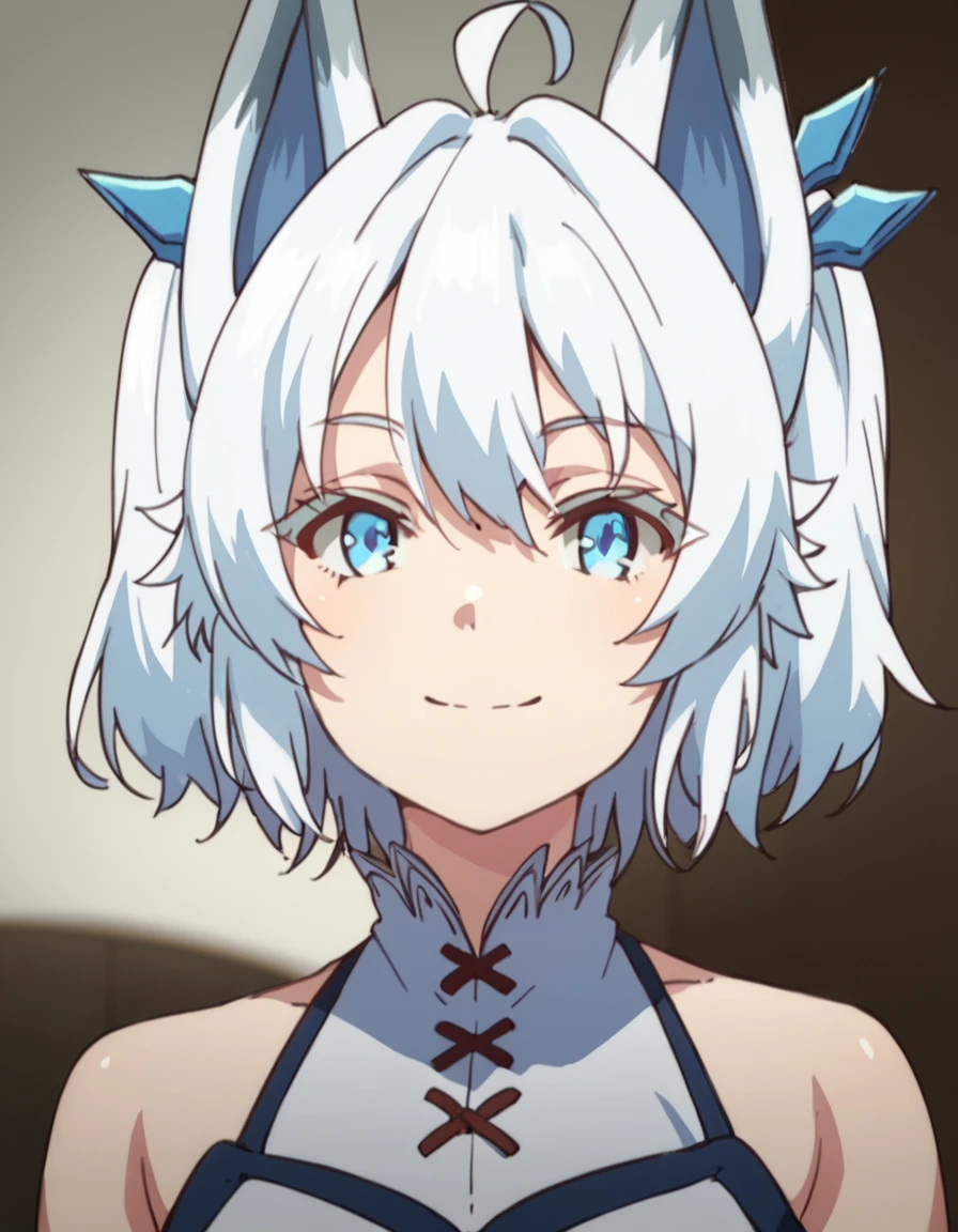 score_9, score_8_up, score_7_up, score_6_up, score_5_up, score_4_up, source_anime,  Setsuna, short hair, blue eyes, ahoge, white hair, fox girl, , soft smile, portrait