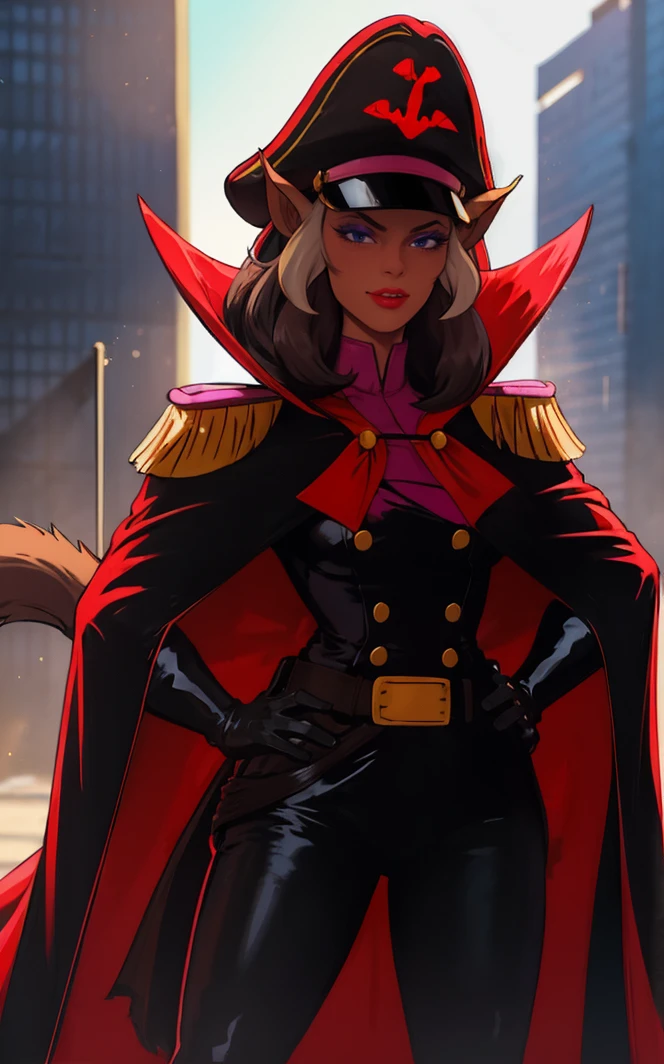 ((masterpiece, best quality)), insaneres, absurdres, solo,  vanishing point, 
Uniform_SwatKats_Turmoil_ownwaifu,
1girl, dark skin, pointy ears, lipstick, makeup, blonde hair, red lips, black eyes, animal ears, long hair, tail, brown hair, eyeshadow, furry female, colored skin, lips,no humans, 
peaked cap, epaulettes, military uniform, high collar, cape, black headwear, uniform, black gloves, belt, black cape, pirate hat,  pink bodysuit, pants, 
outdoors, lens flare, depth of field, bokeh, embers, looking at viewer,
(contrapposto, hand on hip)<lora:CARTOON_SwatKats_Turmoil_ownwaifu:0.85>,