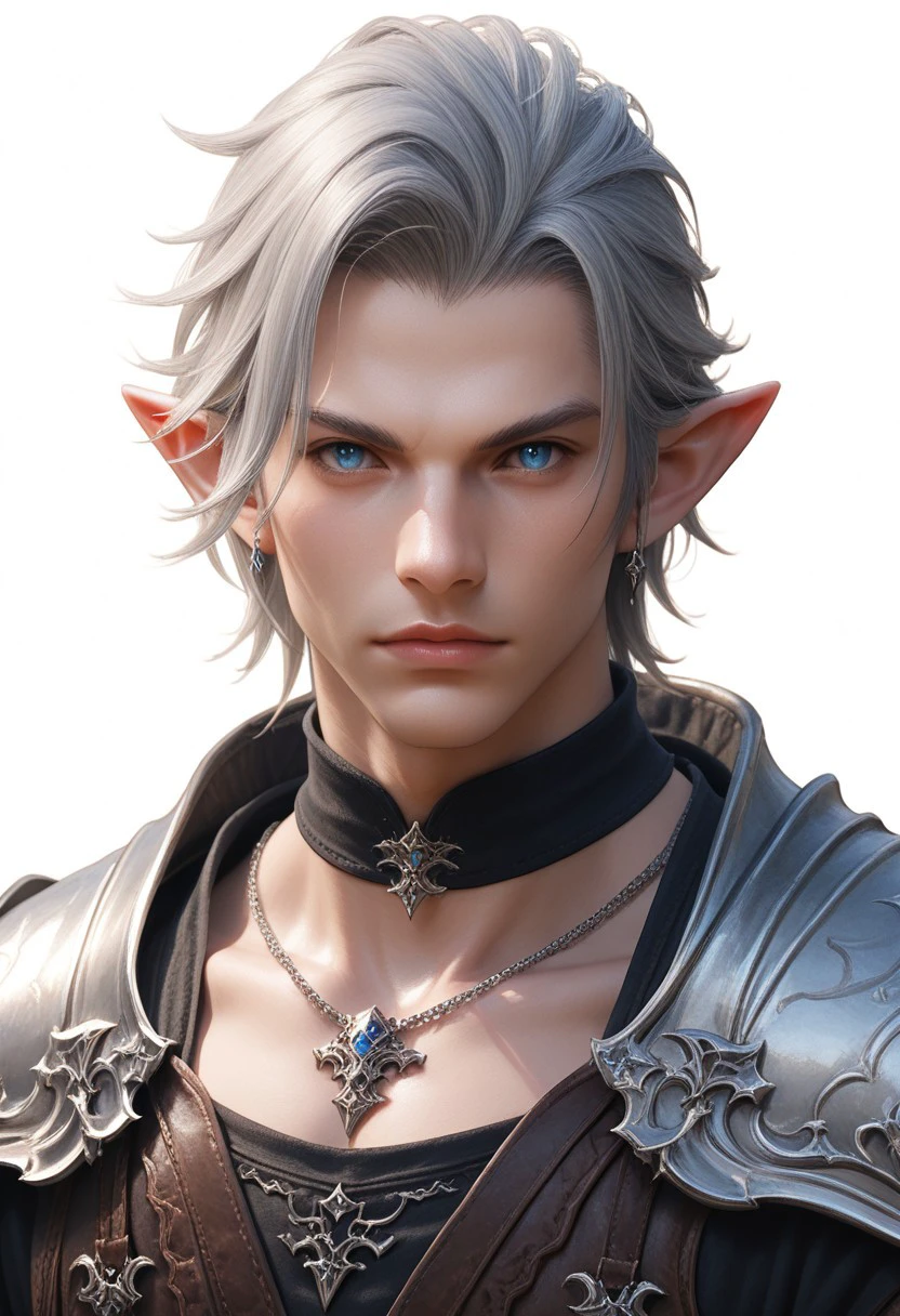 end_xiv_world, solo, pointy ears, elf, white background, elezen, jewelry, male focus, blue eyes, simple background, upper body, 1boy, looking at viewer, grey hair, armor, necklace, choker, lips, final fantasy xiv, fantasy, score_9, score_8_up, score_7_up, score_6_up, score_5_up, score_4_up,