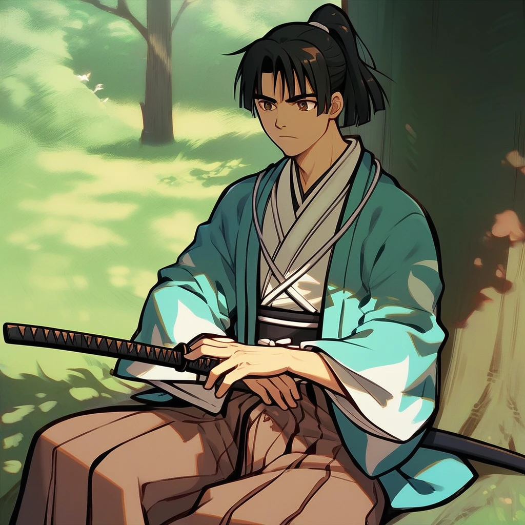 Shinsengumi Haori, 1boy, black hair, brown eyes, hakama skirt, katana, kimono, male focus, outdoors, ponytail, samurai, sheath, sheathed, sitting, solo, sword, tree, weapon, score_9, score_8_up, score_7_up, score_6_up, score_5_up, score_4_up,