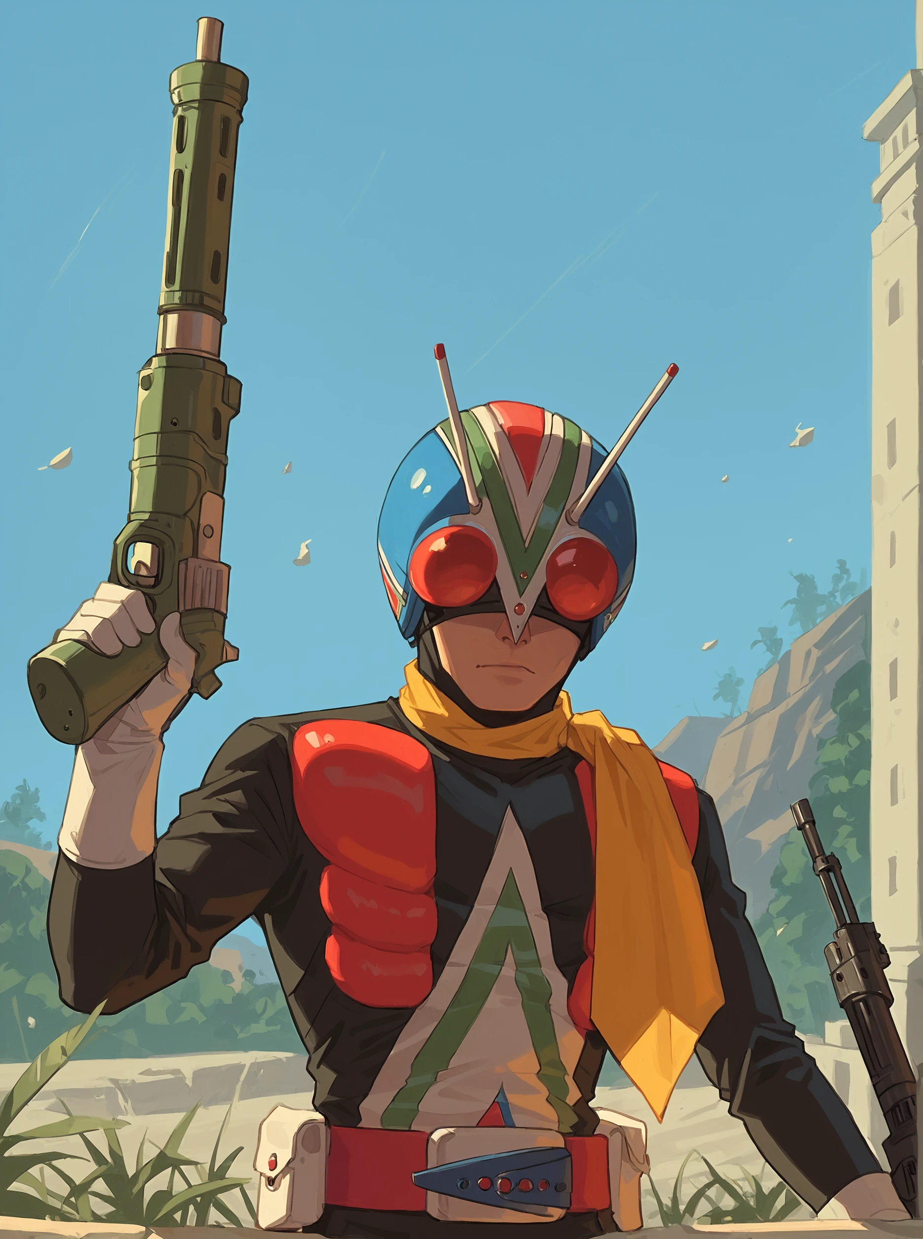 score_9, score_8_up, score_7_up, masterpiece, kamen rider, riderman, 1boy, solo, weapon, male focus, antennae, gun, scarf, belt, helmet,  outdoor, <lora:sn0wStyle:1> <lora:HKHorrorXL:1>, <lora:Riderman_1973:1>