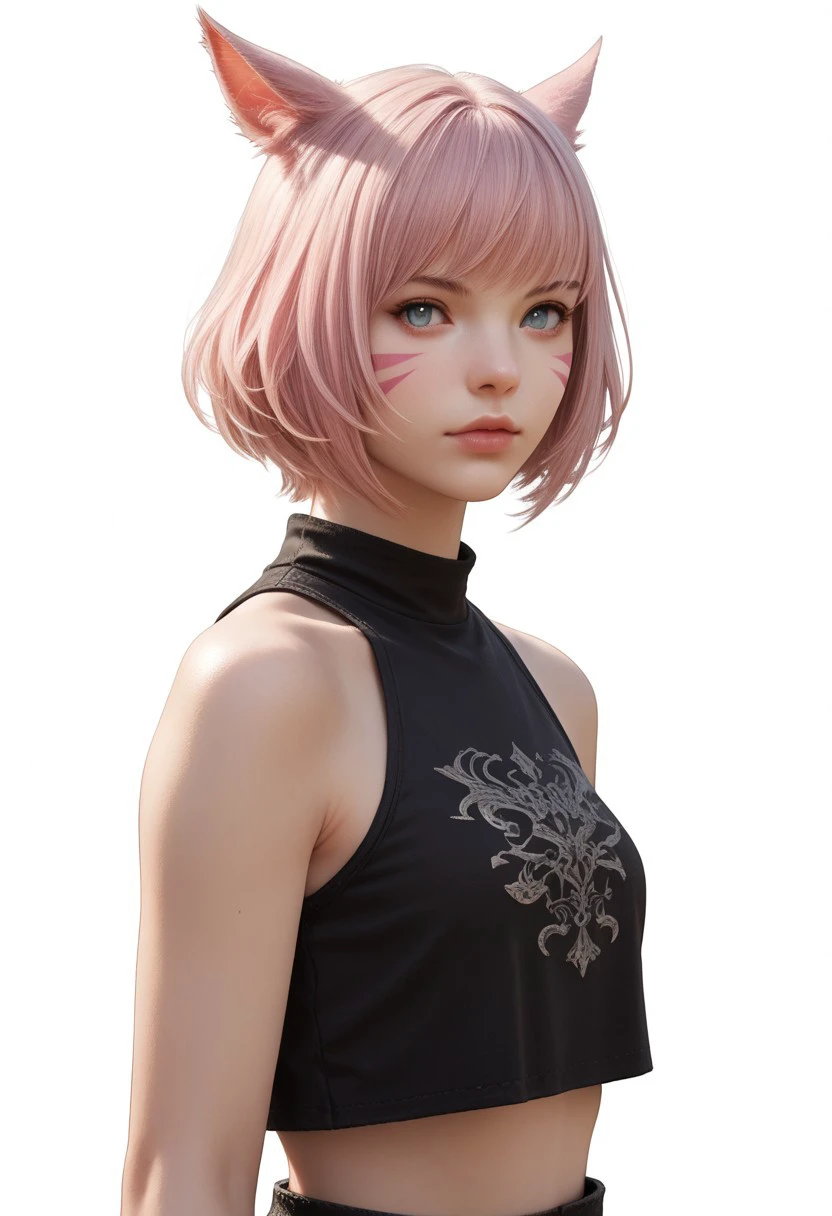 end_xiv_world, 1girl, solo, animal ears, short hair, miqo'te, cat ears, white background, simple background, upper body, facial mark, lips, looking at viewer, pink hair, bare shoulders, black shirt, crop top, final fantasy xiv, fantasy, score_9, score_8_up, score_7_up, score_6_up, score_5_up, score_4_up,