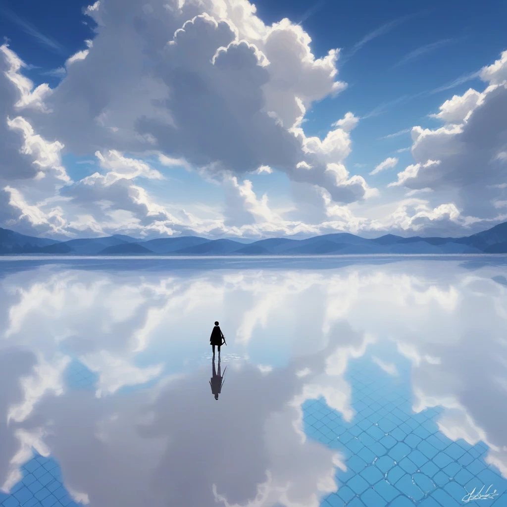 score_9, score_8_up, score_7_up, score_6_up, score_5_up, score_4_up, zPDXL2,source_anime,rating_questionable, <lora:Salt_Flats_Mirror:0.8> s4ltflats, reflection, outdoors, day, scenery, blue sky, water, cloudy sky, horizon, silhouette