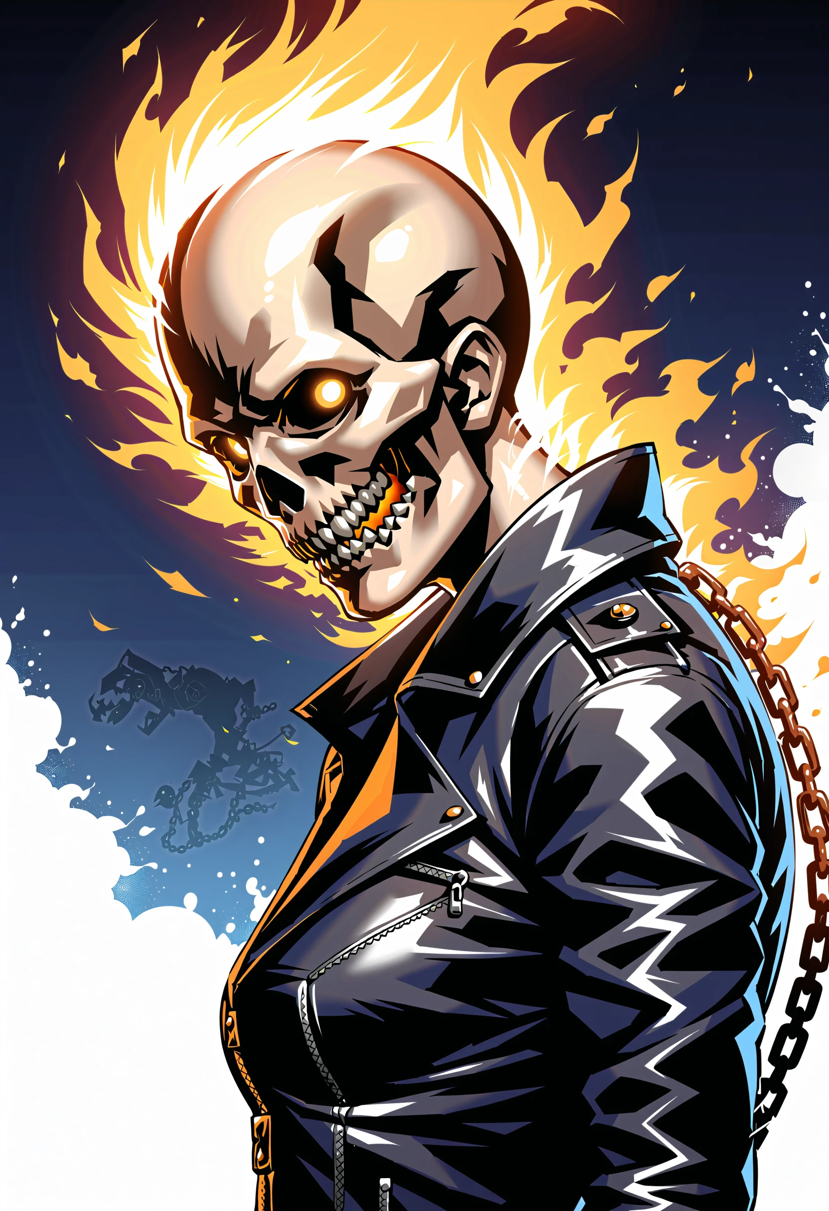 score_9, score_8_up, score_7_up, source_anime, BREAK, Ghost Rider, marvel, skull, fire, flaming skull, skull, leather jacket, humanoid, female, female focused,  chain, from side, pants, leather, ghost rider, upper body, ground vehicle, <lora:Ghost_Rider_Marvel:1>