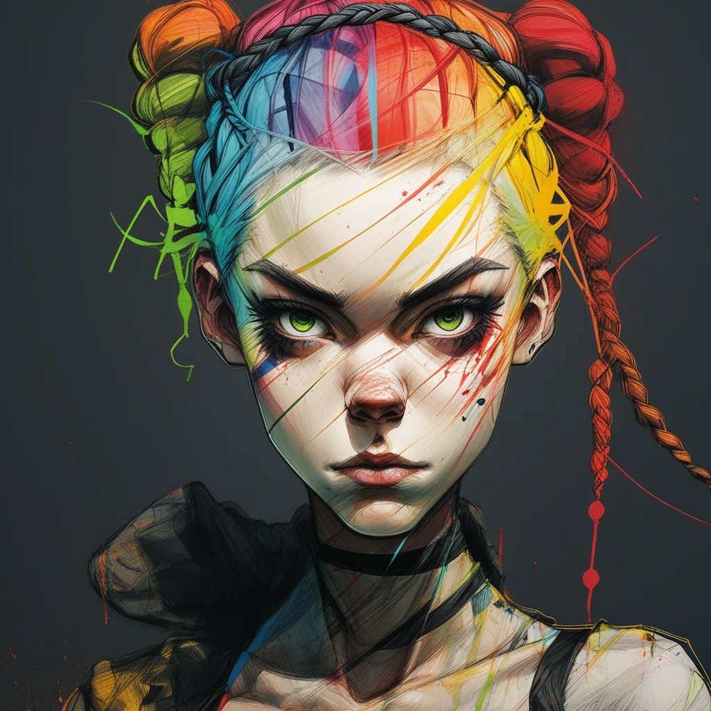 end_inkpunk_style, 1girl, solo, hair bun, braid, double bun, multicolored hair, looking at viewer, makeup, inked, ink wash, ink splatter, best quality, masterpiece