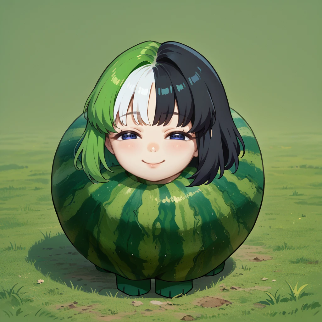 score_9, score_8_up, source_anime, Watamelon, smile, smug, half-closed eyes, no humans, creature, chibi, watermelon, all fours, NSMelionPalHair, green hair, black hair, white hair, multicolored hair, medium hair, multicolored eyes, <lora:NSMelionPalHair:1>, <lora:ChamWatamelonPonyXL:1>