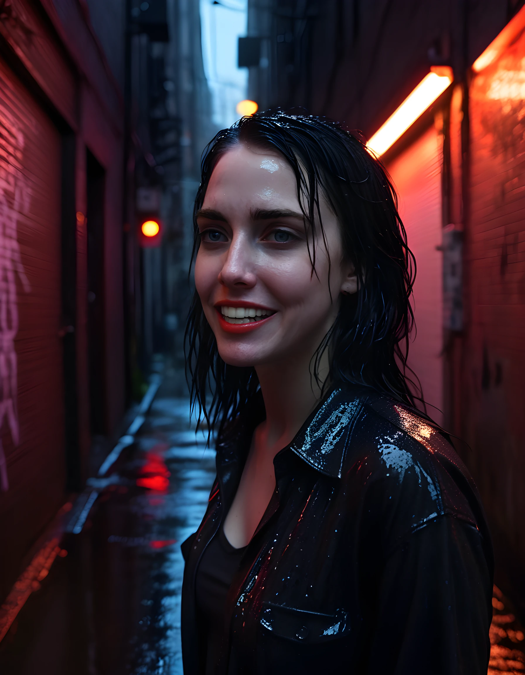 In a gritty, noir-style setting of rain-soaked neon lights and shadowy alleyways, the camera focuses on L41N4, a woman with jet-black hair cascading down her back like a waterfall, wearing a unique, intricately designed black shirt adorned with glowing runes that seem to pulse with an eerie light. Her lips are painted a bold red, and she flashes a knowing smile, revealing perfectly white teeth. She stands in the dimly lit alleyway, her body slightly turned away from the camera, one hand casually tucked into the pocket of her shirt, creating an air of mystery and intrigue. The rain falls around her, illuminated by the neon lights above, casting a series of dancing shadows on the wet pavement behind her, while the emotional tone of the image is one of cool confidence and quiet strength.