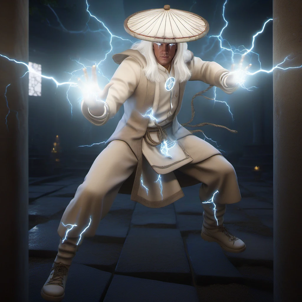 cinematic photo a full body portrait 1boy, male focus, dressed in white, hat, casting electricity lightning spell with his hands,  long white hair, glowing white electric eyes, in a temple in ruins <lora:Raiden1995-1024:0.8> . 35mm photograph, film, bokeh, professional, 4k, highly detailed