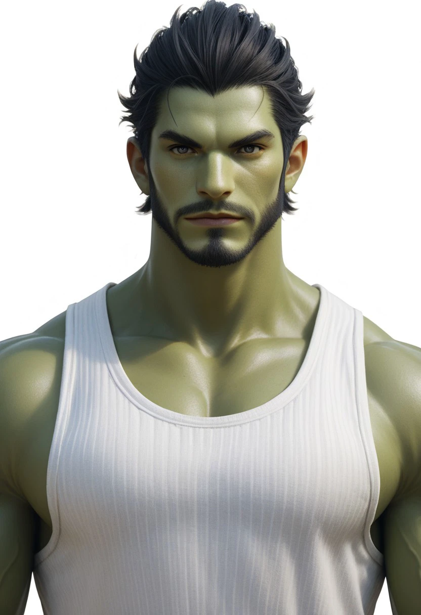 end_xiv_world, solo, 1boy, male focus, beard, facial hair, colored skin, black hair, muscular, looking at viewer, upper body, white background, tank top, muscular male, short hair, mature male, simple background, pectorals, colored skin, green skin, roegadyn, final fantasy xiv, fantasy, score_9, score_8_up, score_7_up, score_6_up, score_5_up, score_4_up,