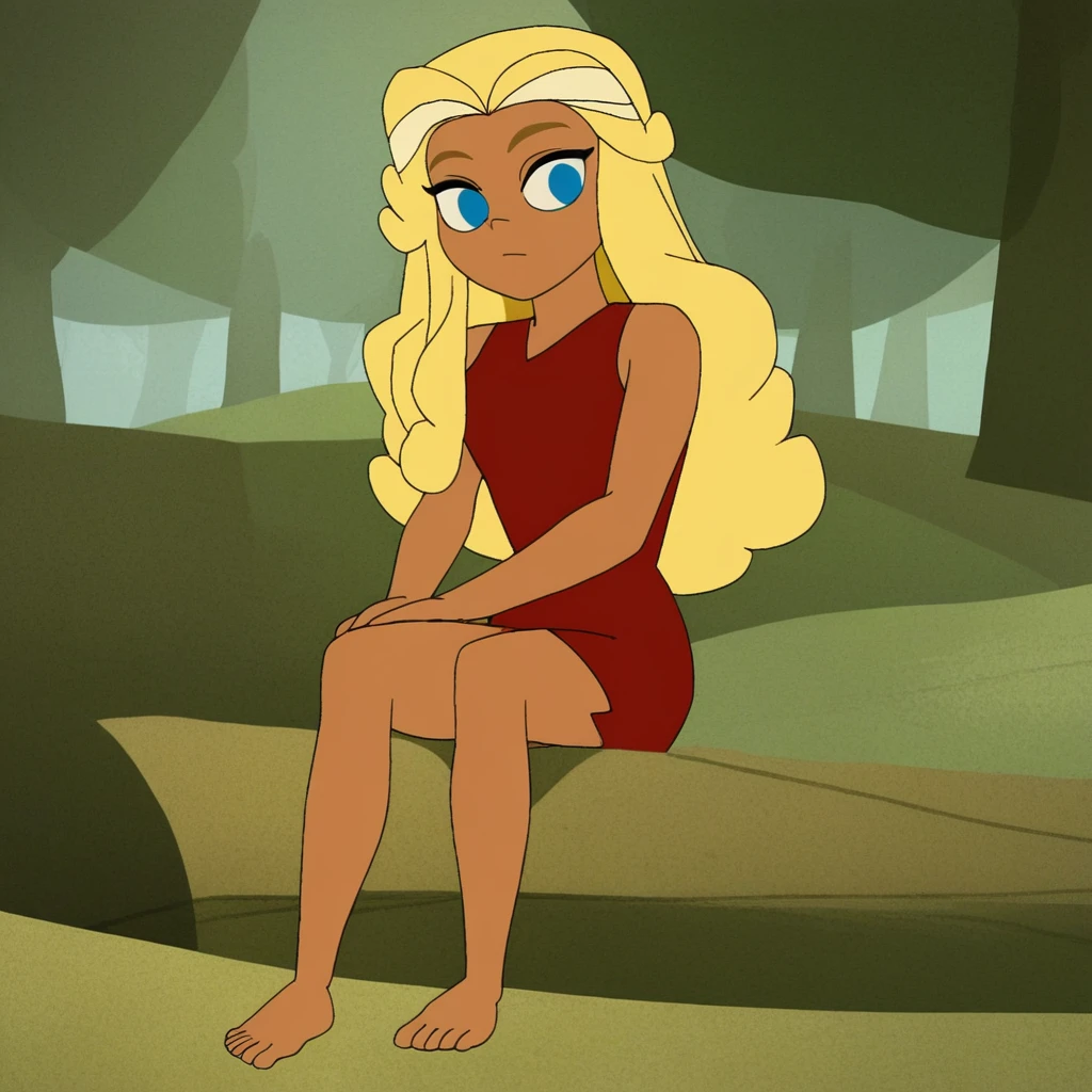 score_9, solo, rad_crood, blonde hair, long hair, blue eyes, red dress, sitting, forest