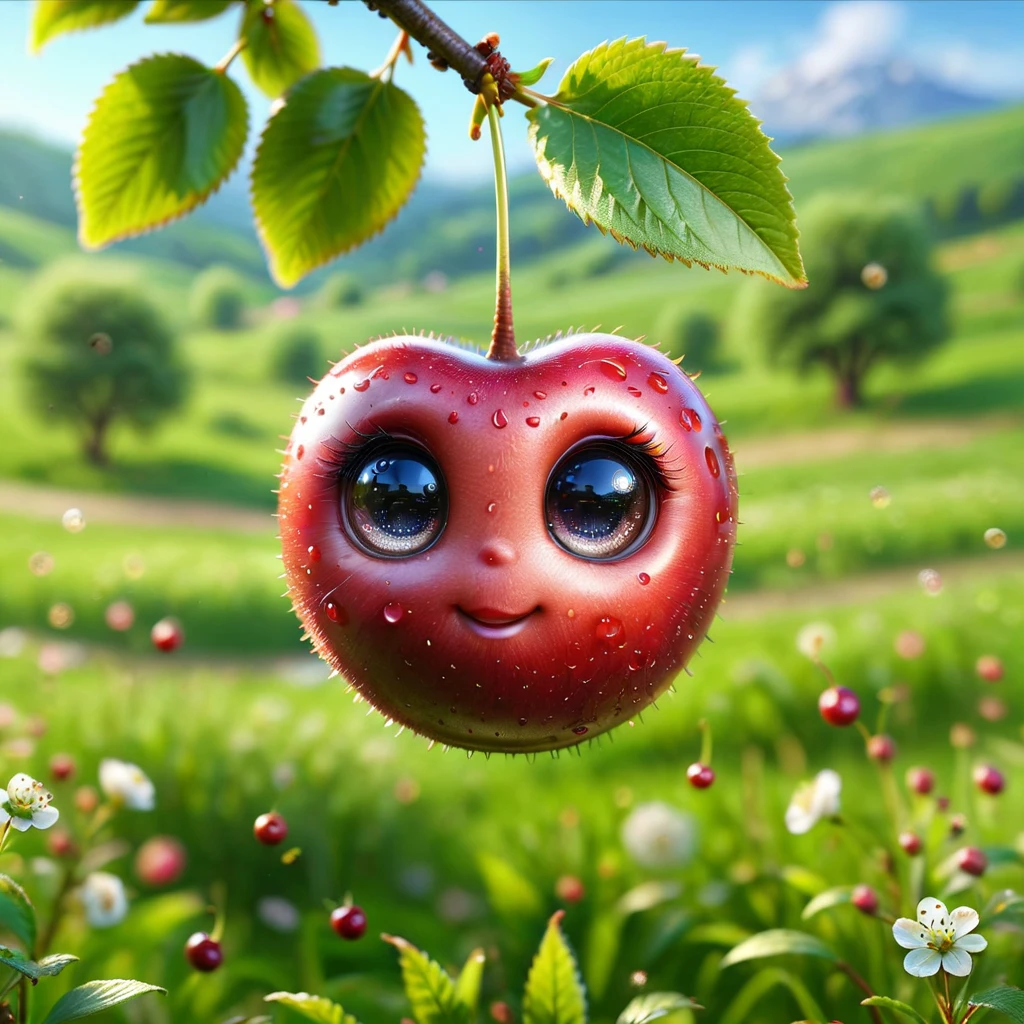 pam-swtvrld happy cherry hanging on a tree,meadow background,full depth of field and realistic textures,highly detailed,masterpiece,high quality