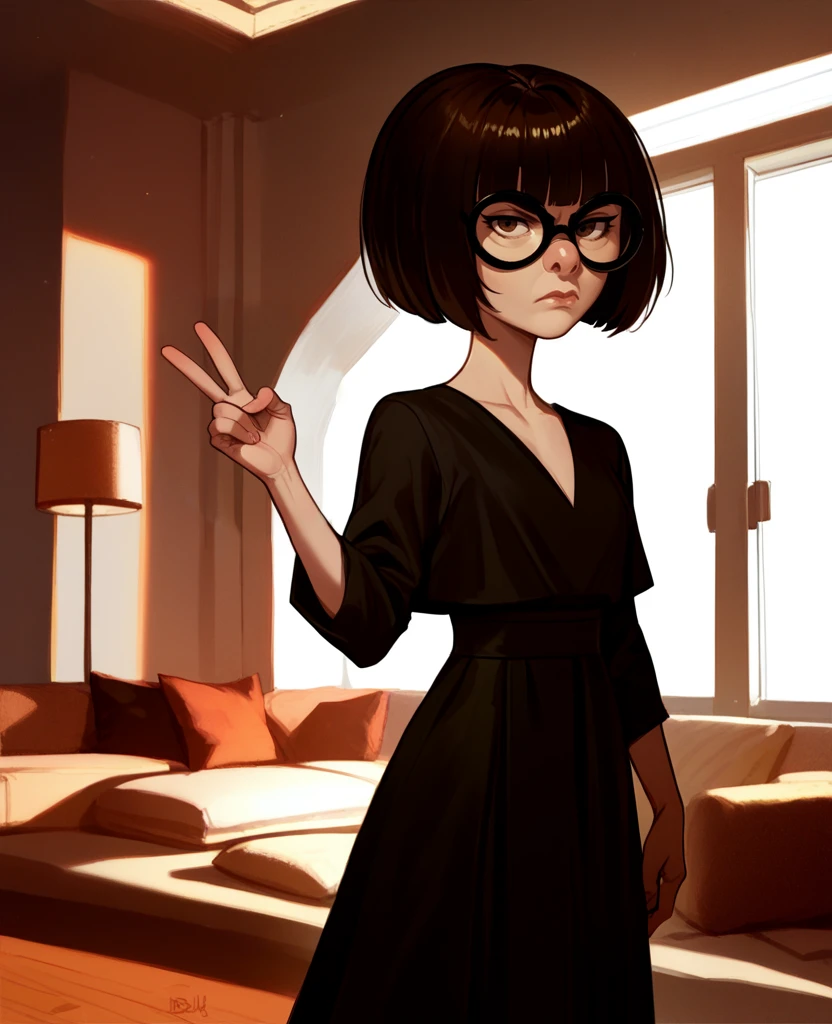 score_9,score_8_up,score_7_up,score_6_up,
ednamodexl,glasses,short hair,bob cut,brown eyes,
black gown,v-neck,serious,
standing,looking at viewer,
indoors,
<lora:Ednaxl:1>,