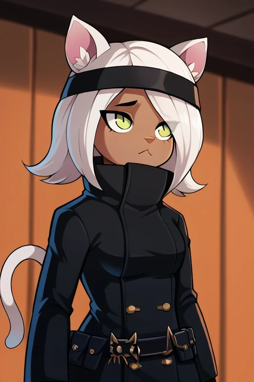 2D, score_9, score_8_up, score_7_up, BREAK, 1girl, solo, Whisk, white hair, cat ears, tail, green eyes, black trenchcoat, belt<lora:EMS-448861-EMS:1.000000>