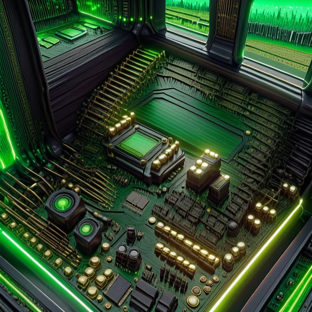 robot, green, keyboard (computer), nature, fantasy, window, computer chips, book, structured, skyscraper, sky, from above, circuit boards, building, tree, green theme, organized, stairs, cityscape, science fiction, computer, speaker