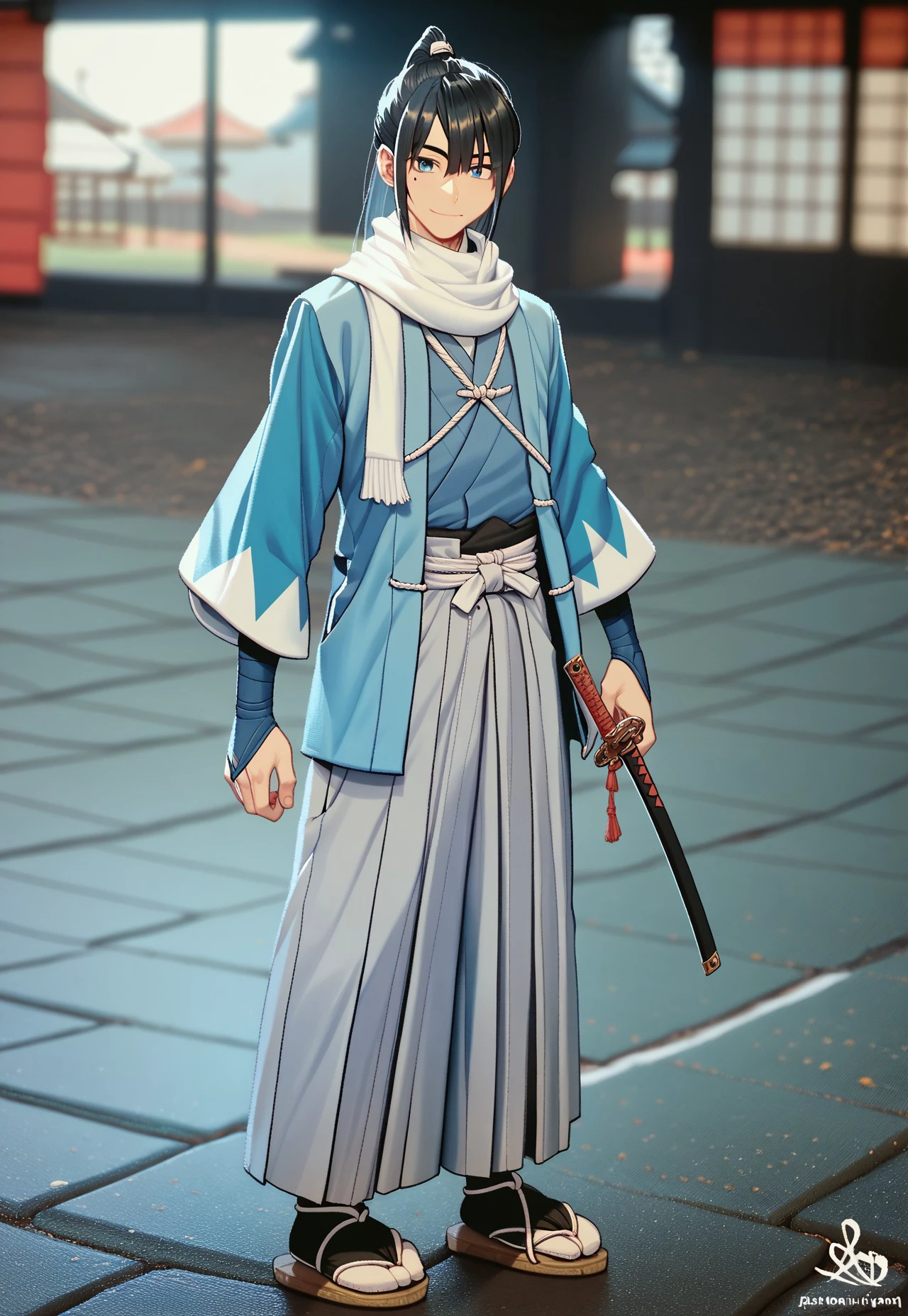 Shinsengumi Haori,  1boy,  black hair,  blue eyes,  blurry,  bridal gauntlets,  full body,  hakama skirt,  high ponytail,  katana,  looking at viewer,  male focus,  mole,  mole under eye,  photo background,  ponytail,  sandals,  scarf,  sheath,  sheathed,  skirt,  smile,  solo,  standing,  sword,  tabi,  watermark,  weapon,  white scarf, score_9, score_8_up, score_7_up, score_6_up, score_5_up, score_4_up,