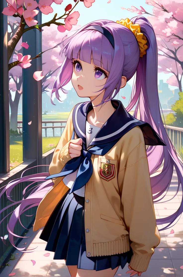 score_9, score_8_up, score_7_up, very aesthetic, source_anime, detailed,
school, outdoor, sakura tree, petals,
cowboy shot, 
walking, looking up, open mouth,
1girl, flat chest, petite female,
<lora:sophie_autismConfetti_v12:1>sophiemascot, purple hair, purple eyes, very long hair, blunt bangs, sidelocks, high ponytail, 
yellow sweater, open clothes, scrunchie, hairband, pleated skirt, black skirt, serafuku, sailor collar, kneehighs, loafers,, zPDXL