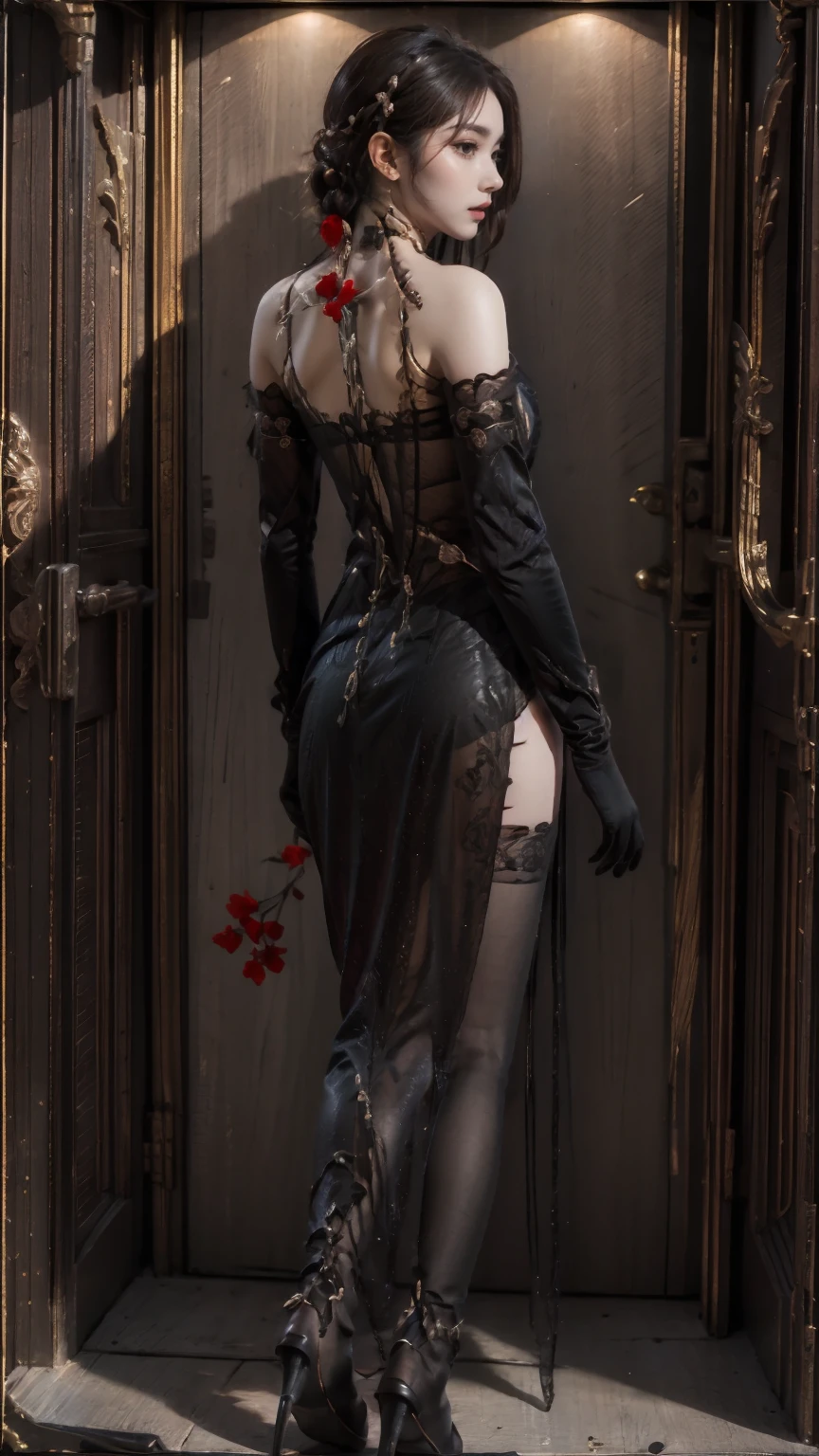 masterpiece,(bestquality),ultra-detailed,1girl,solo,full body,<lora:ntmix1:0.7>,<lora:Midnight Kiss outfit:0.8>,Midnight Kiss outfit,lace,black stockings,gloves,red flower,jewelry,string,chain,purple piece of shirt,from behind,looking back,