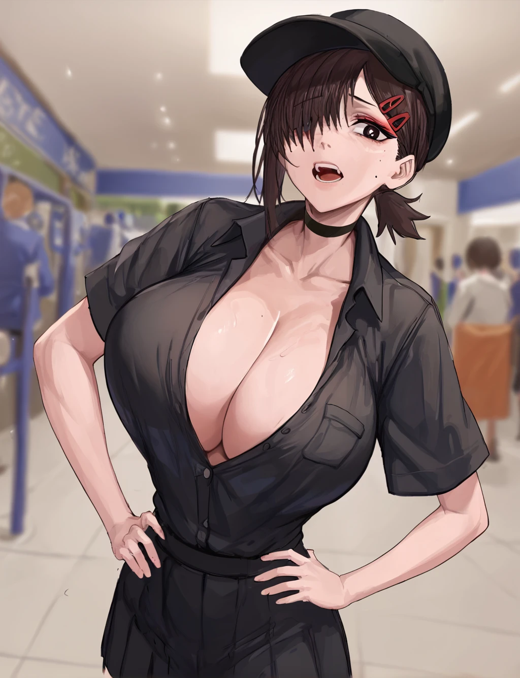 score_9, score_8_up. score_7_up, <lora:rinhee:1>,
1girl,breasts,shirt,hat,solo,black shirt,hand on hip,hair over one eye,blurry background,choker,huge breasts,blurry,open mouth,cleavage,short hair,short sleeves,black headwear,one eye covered,bangs,looking at viewer,black choker,partially unbuttoned,collared shirt,(makeup:1.2),uniform,skirt,bob cut,employee uniform,necktie,large breasts,teeth,higashiyama_kobeni,chainsaw_man,1girl,black_hair,black_eyes,<lora:kobeni-higashiyama-ponyxl-lora-nochekaiser:0.5>