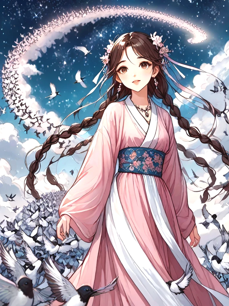 source_anime, magpie bridge, birds flock, tanabata, hanfu, weaver girl, walking, big tits, long hair, braids, hair flower, hair ornament, necklace, earrings, floating hair, fog, wind, cloud, high sky, starry sky, colorful sky, looking at viewer, <lora:girllikemagpiebridge_pony:1>