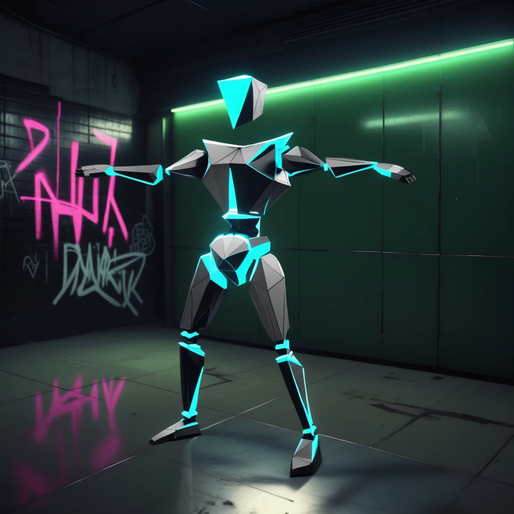 a vatoko, standing, full body, shadow, outstretched arms, green light, humanoid robot, spread arms, black body standing in front of a wall with (stylish graffiti) in a closed dark subway, (at night), (masterpiece), (detailed), (intricate details), (realistic:1.4), Double Exposure style of a neon junk city,Electronic circuits, semiconductors, deep shadows, dof, cinematic light, cinematic, neon demon, dark theme, (film overlay, film grain)